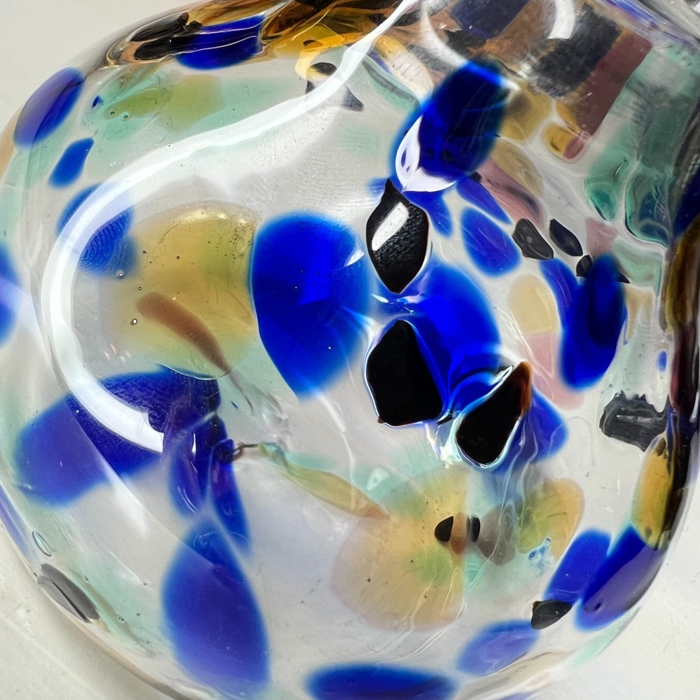 Vintage Signed Studio Art Glass Vase 4 in Cobalt Blue Amber Aqua Spot Pattern - Picture 7 of 10